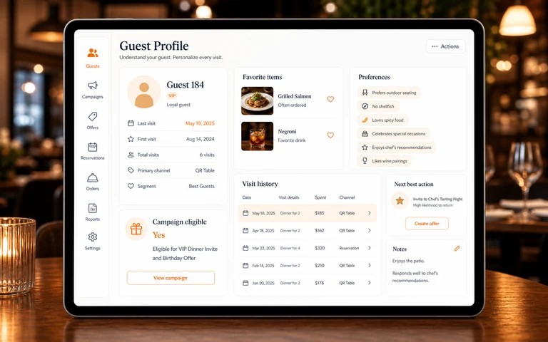 Eat&Meet anonymized guest CRM profile showing last visit, favorite items, preferences, visit history, and campaign eligibility