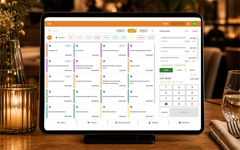 Eat&Meet POS checkout and menu screen showing draft order, payment controls, and menu items