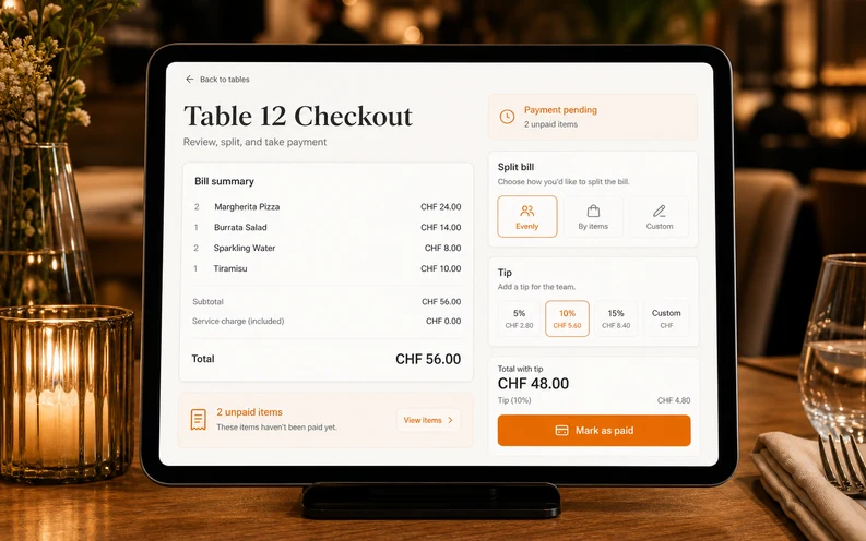 Eat&Meet restaurant table checkout screen with split bill, tip, payment status, unpaid items, and mark as paid action