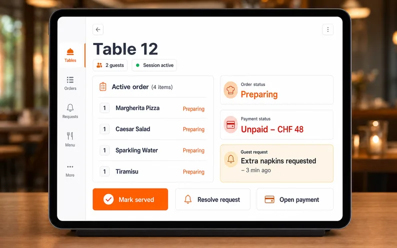 Eat&Meet staff tablet view showing Table 12 order status, payment status, guest request, and service actions