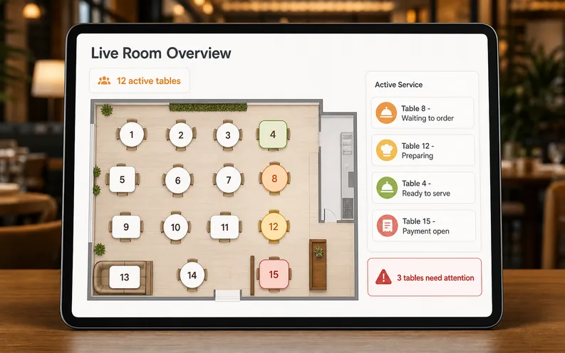 Eat&Meet room overview showing live table states, active service requests, and payment progress across the restaurant floor
