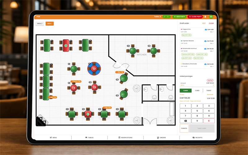 Eat&Meet POS floor plan showing live tables, reservations, draft order, and payment controls